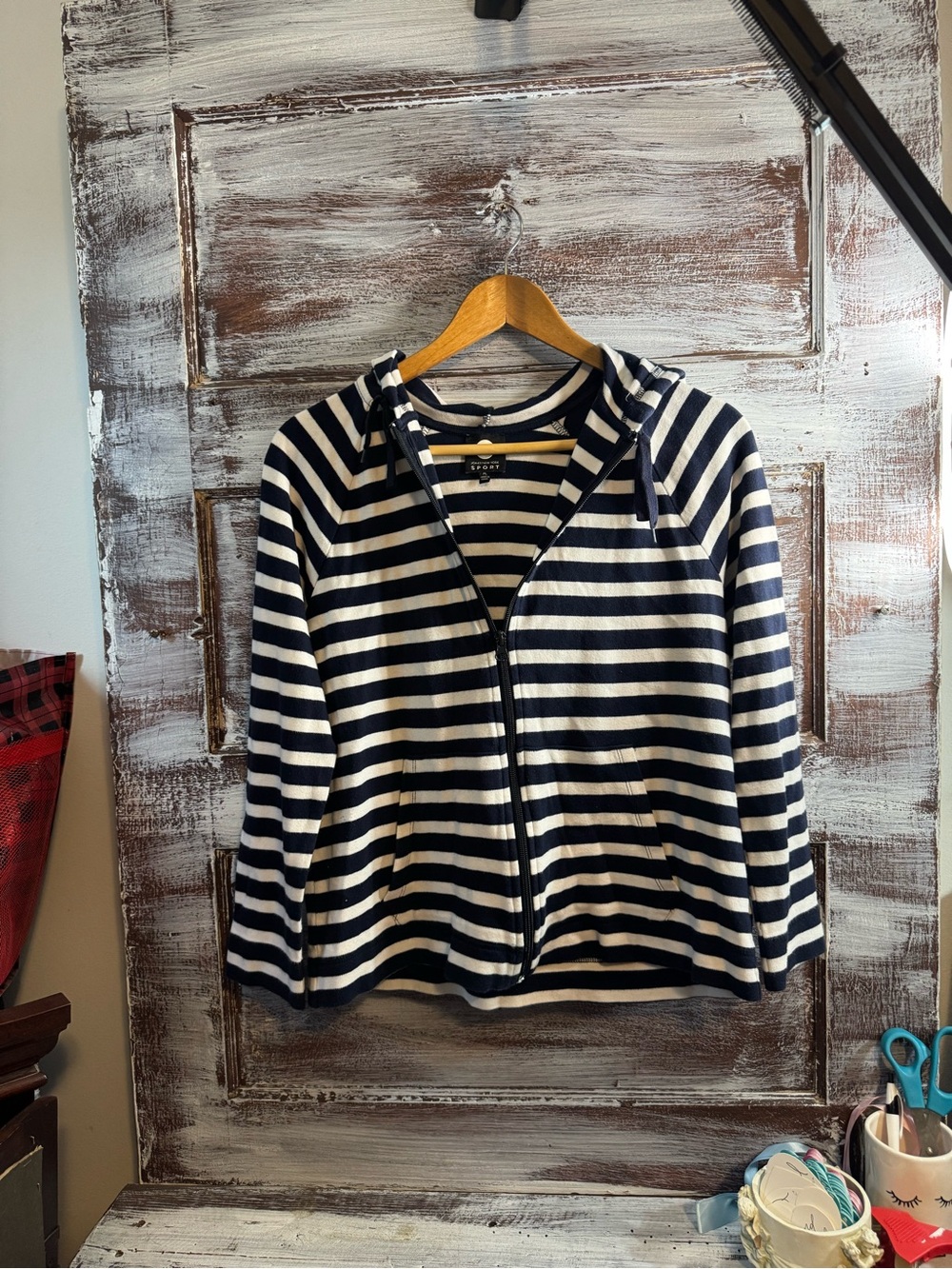 Jones New York Navy and White Striped Hoodie Jacket